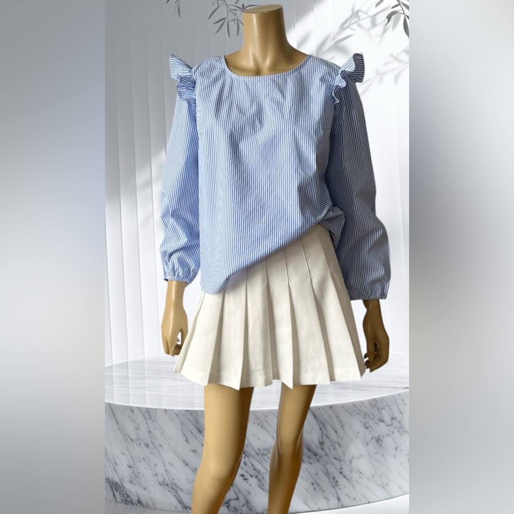 J. Crew Blue and White Striped Blouse with Ruffle Sleeves - Picture 5 of 13